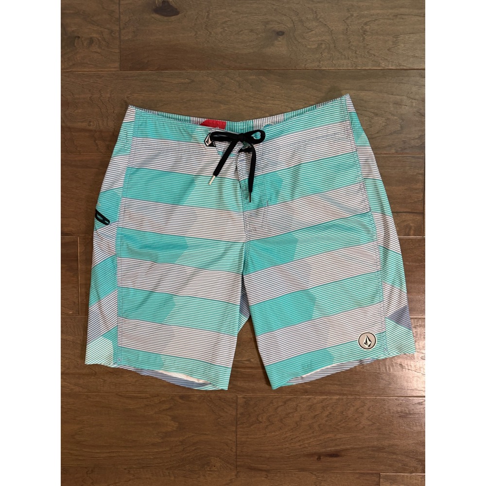 Volcom V6S‎ Stripe Board Shorts Mens 34 Teal Blue Geometric Stretch A0811208